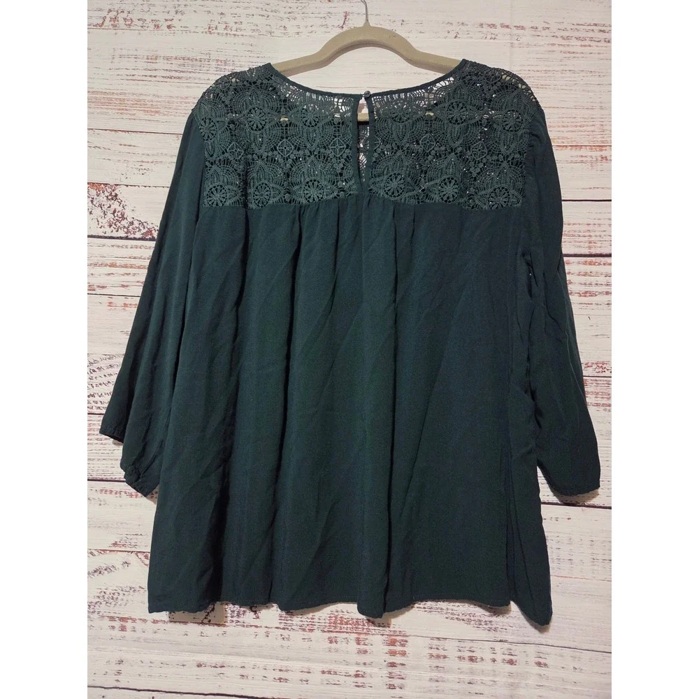 Old Navy Womens XL Forest Green Crochet Lace Yoke Long Sleeve Rayon Blouse Top